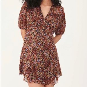 NWT Free People Bonnie Chiffon Mini Dress Brown Floral XL Short Sleeve Button